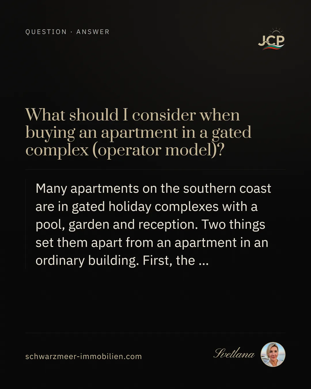What should I consider when buying an apartment in a gated complex (operator model)?