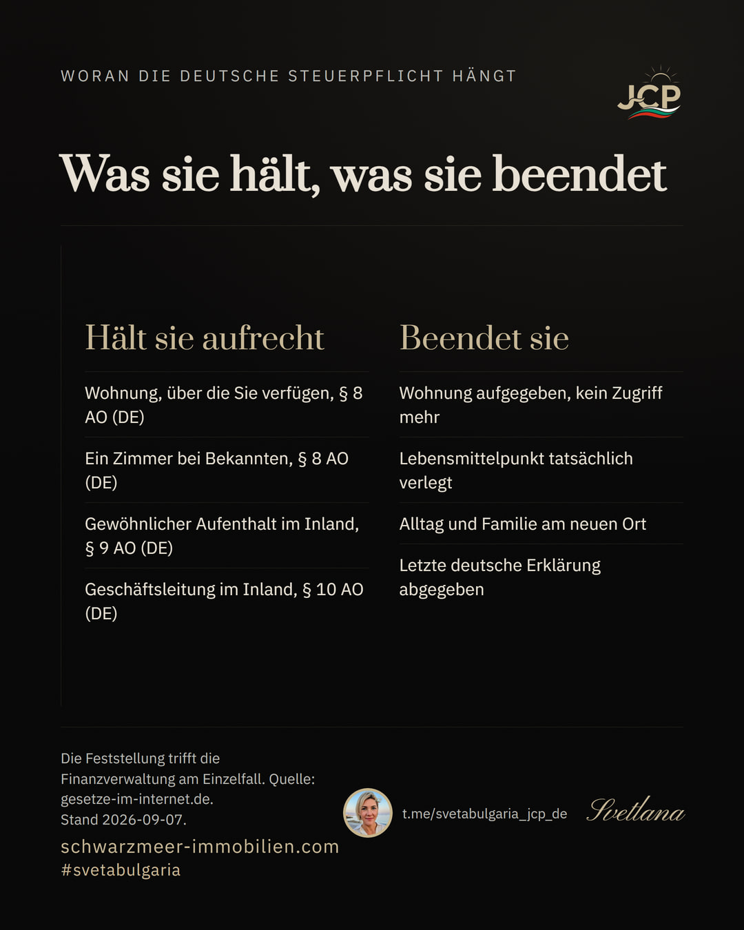 Zwei Spalten: links vier Umstände, die die unbeschränkte deutsche Steuerpflicht aufrechterhalten, rechts vier Umstände, die sie beenden.