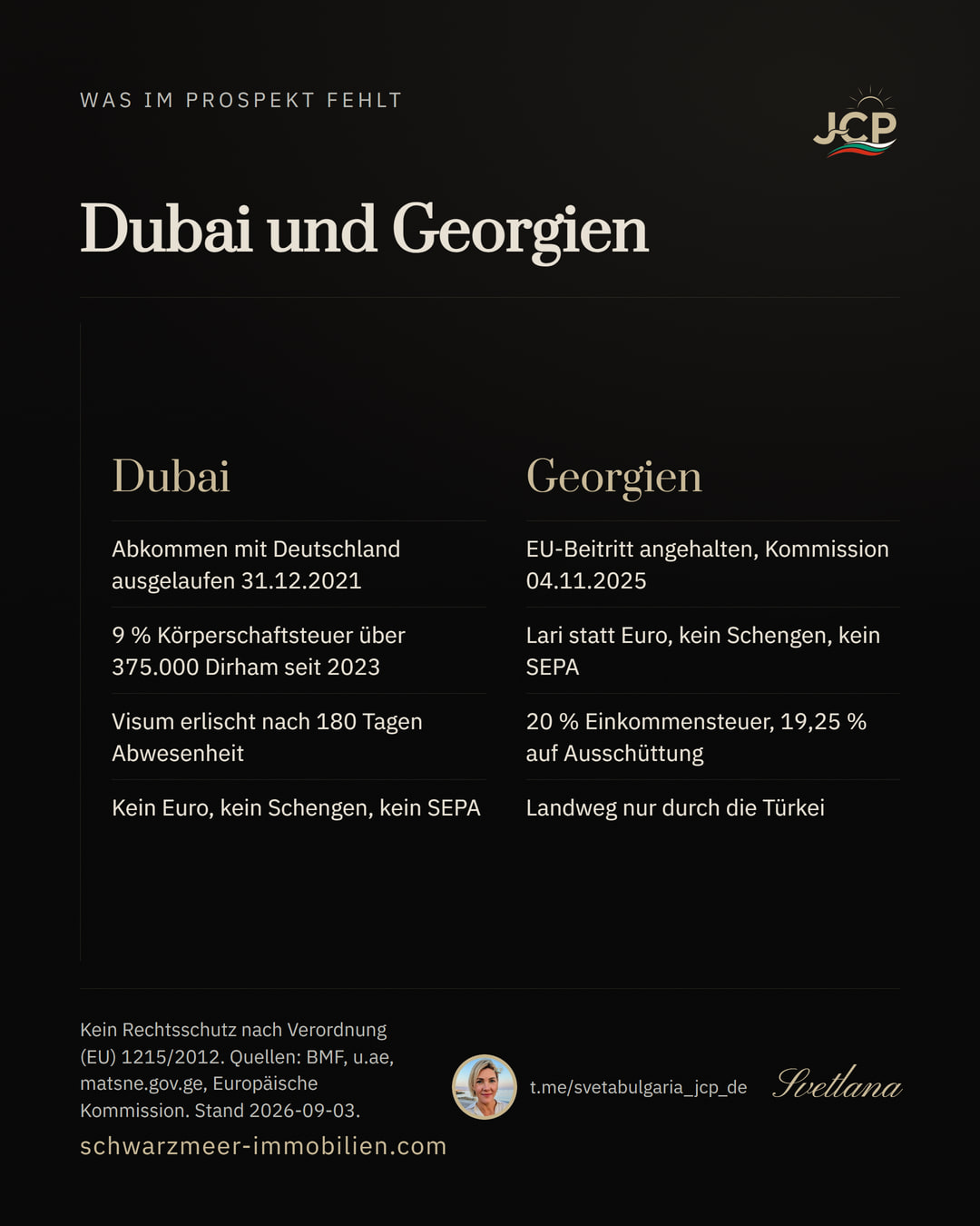 Zwei Spalten mit je vier Tatsachen zu Dubai und Georgien: Abkommen, Steuern, Visum, Währung, EU-Beitritt.