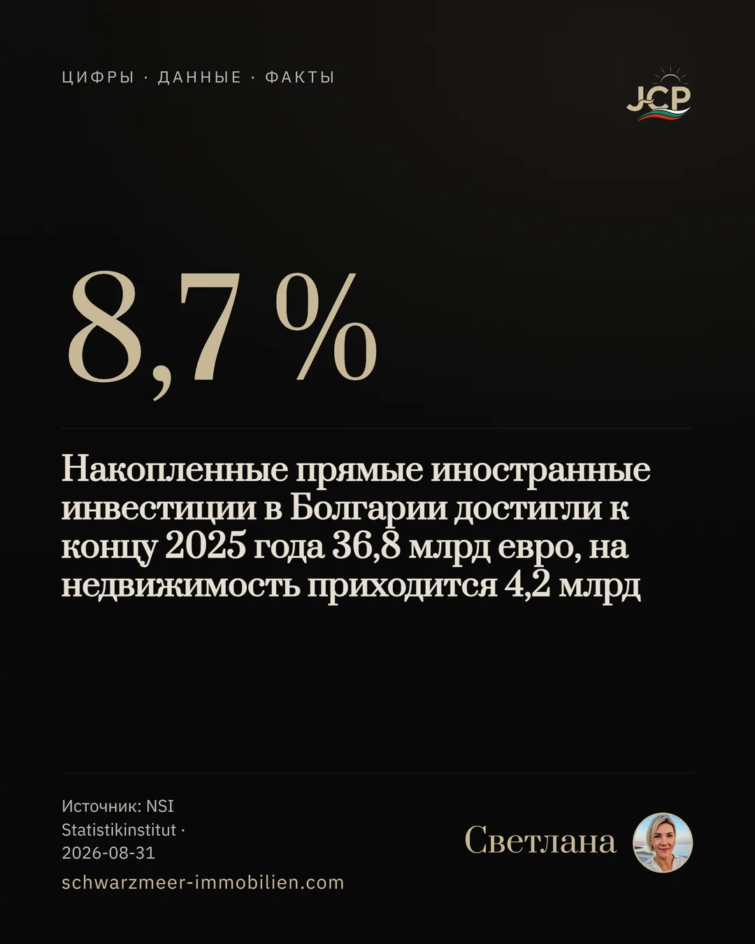Накопленные прямые иностранные инвестиции в Болгарии достигли к концу 2025 года 36,8 млрд евро, на недвижимость приходится 4,2 млрд