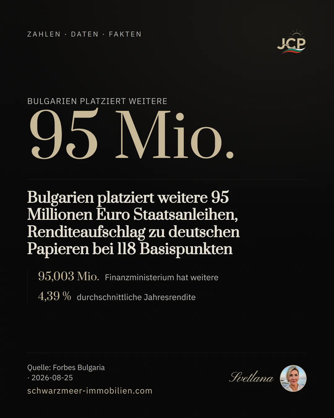 Bulgarien platziert weitere 95 Millionen Euro Staatsanleihen, Renditeaufschlag zu deutschen Papieren bei 118 Basispunkten