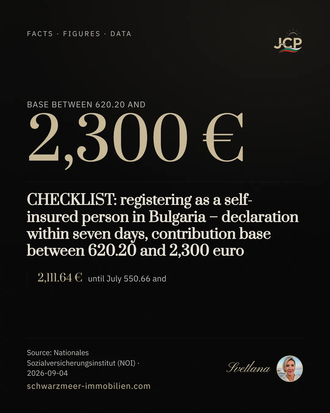 CHECKLIST: registering as a self-insured person in Bulgaria – declaration within seven days, contribution base between 620.20 and 2,300 euro
