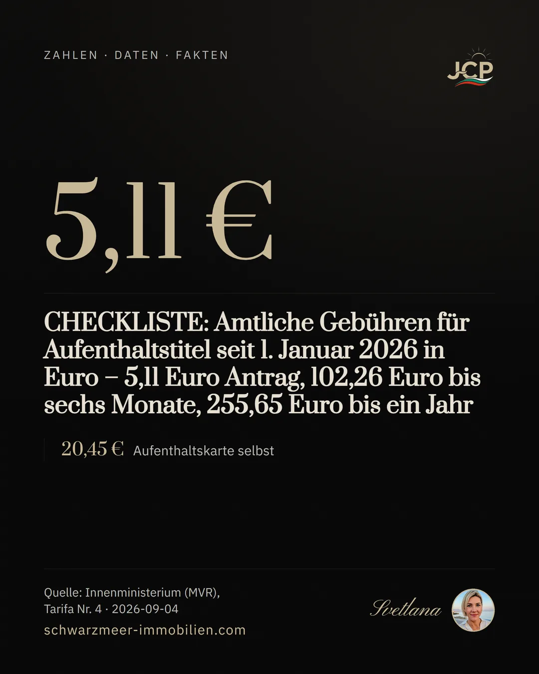 CHECKLISTE: Amtliche Gebühren für Aufenthaltstitel seit 1. Januar 2026 in Euro – 5,11 Euro Antrag, 102,26 Euro bis sechs Monate, 255,65 Euro bis ein Jahr