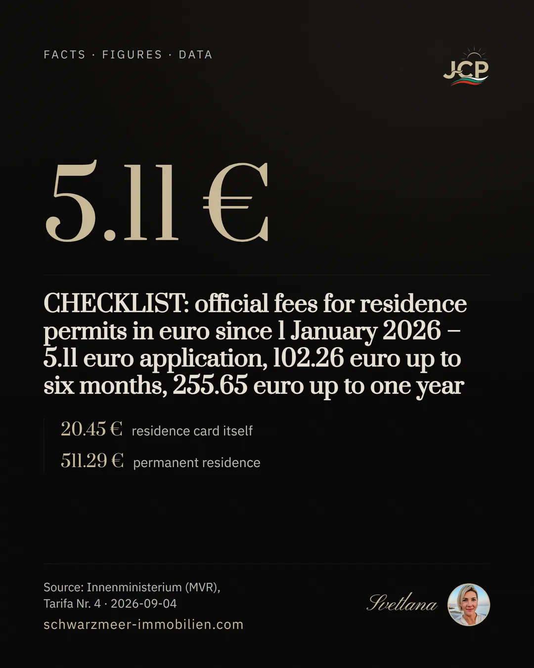 CHECKLIST: official fees for residence permits in euro since 1 January 2026 – 5.11 euro application, 102.26 euro up to six months, 255.65 euro up to one year