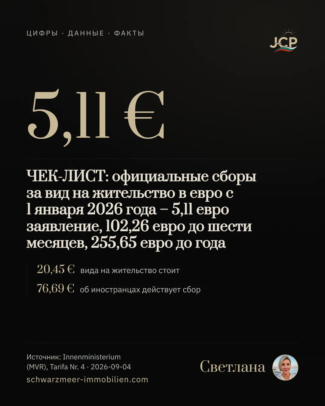 ЧЕК-ЛИСТ: официальные сборы за вид на жительство в евро с 1 января 2026 года – 5,11 евро заявление, 102,26 евро до шести месяцев, 255,65 евро до года