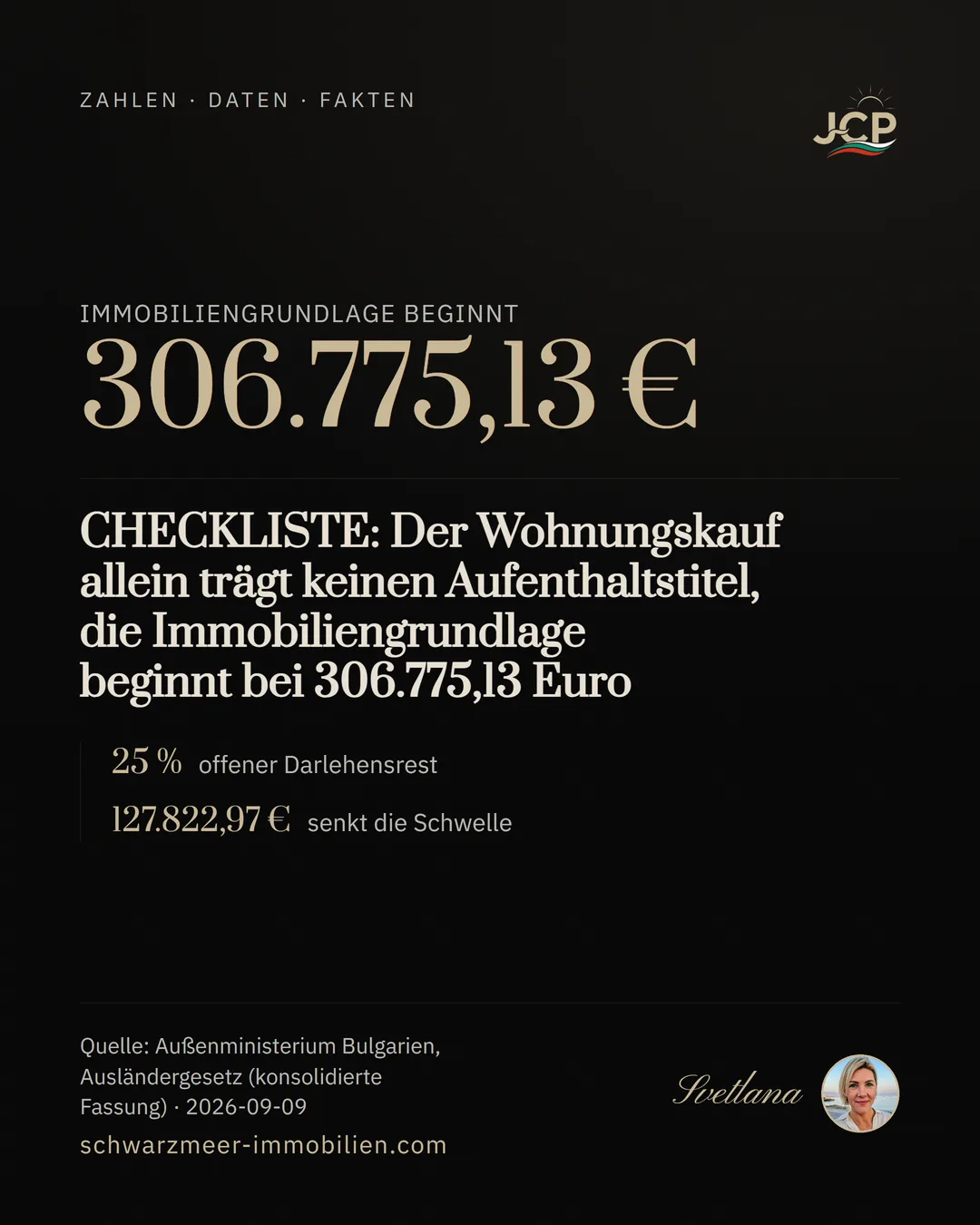 CHECKLISTE: Der Wohnungskauf allein trägt keinen Aufenthaltstitel, die Immobiliengrundlage beginnt bei 306.775,13 Euro