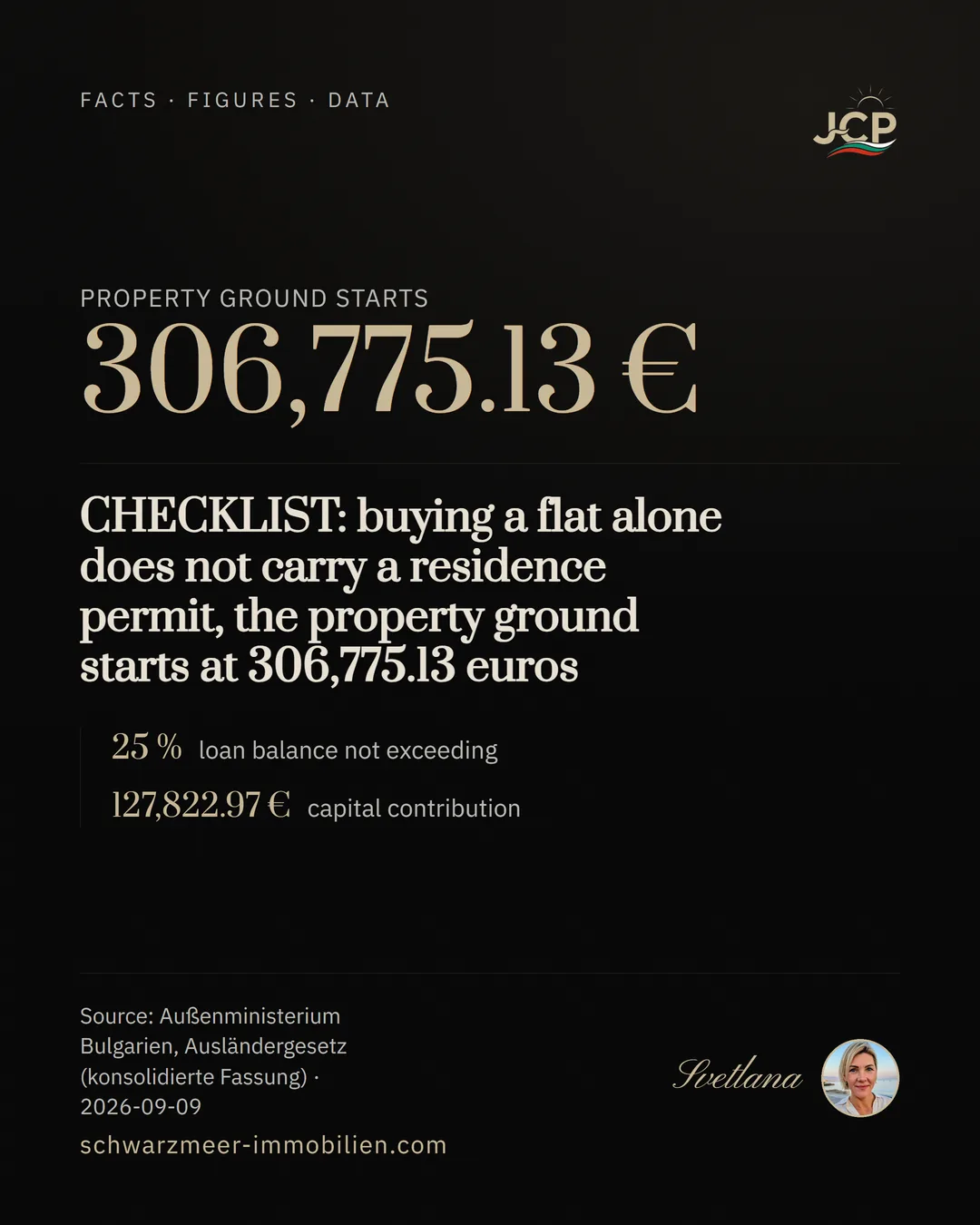 CHECKLIST: buying a flat alone does not carry a residence permit, the property ground starts at 306,775.13 euros