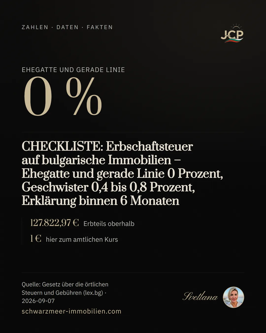 CHECKLISTE: Erbschaftsteuer auf bulgarische Immobilien – Ehegatte und gerade Linie 0 Prozent, Geschwister 0,4 bis 0,8 Prozent, Erklärung binnen 6 Monaten