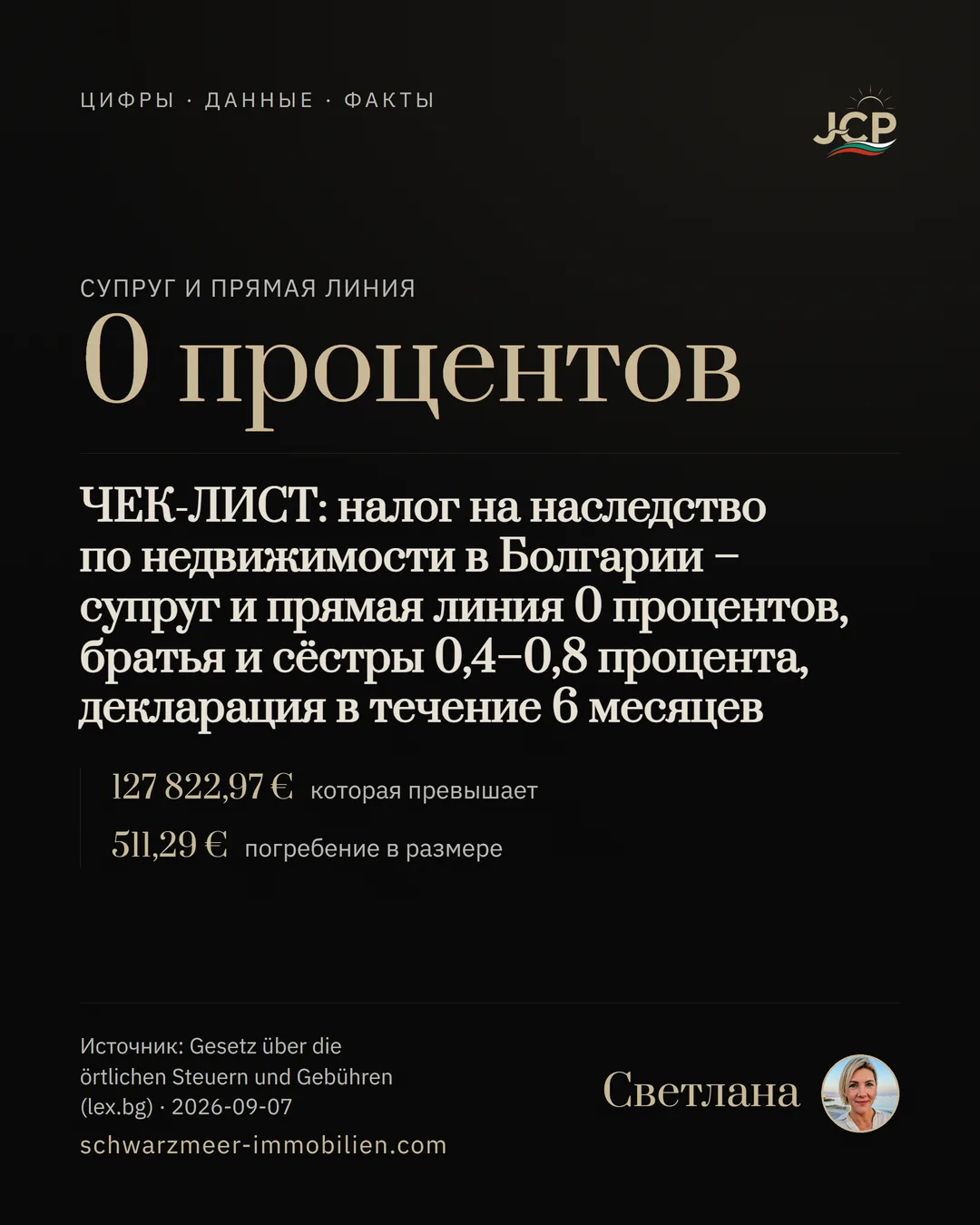 ЧЕК-ЛИСТ: налог на наследство по недвижимости в Болгарии – супруг и прямая линия 0 процентов, братья и сёстры 0,4–0,8 процента, декларация в течение 6 месяцев