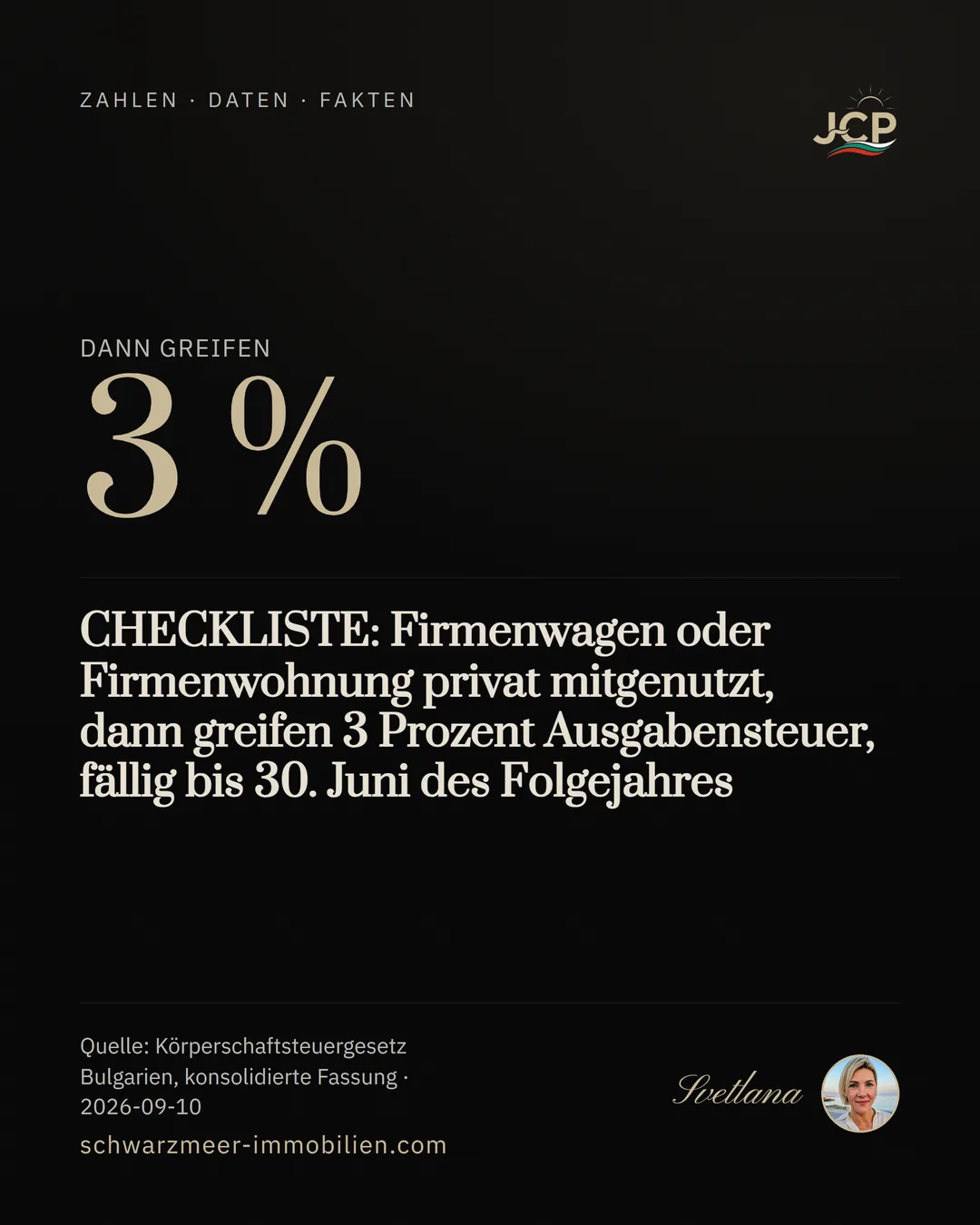 CHECKLISTE: Firmenwagen oder Firmenwohnung privat mitgenutzt, dann greifen 3 Prozent Ausgabensteuer, fällig bis 30. Juni des Folgejahres