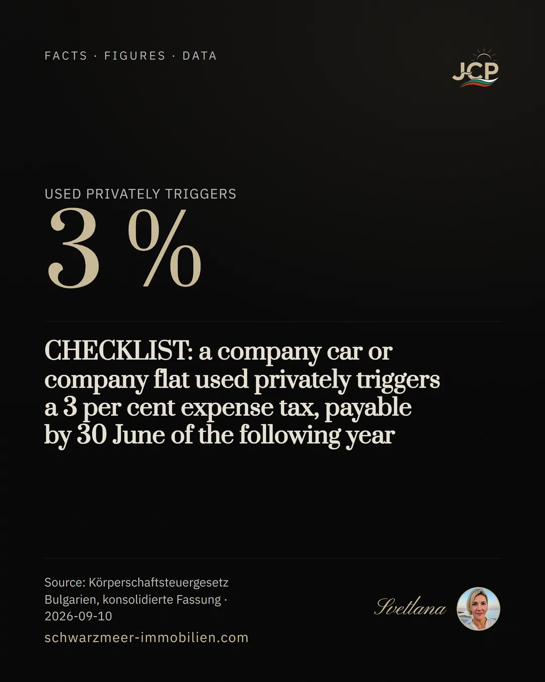 CHECKLIST: a company car or company flat used privately triggers a 3 per cent expense tax, payable by 30 June of the following year