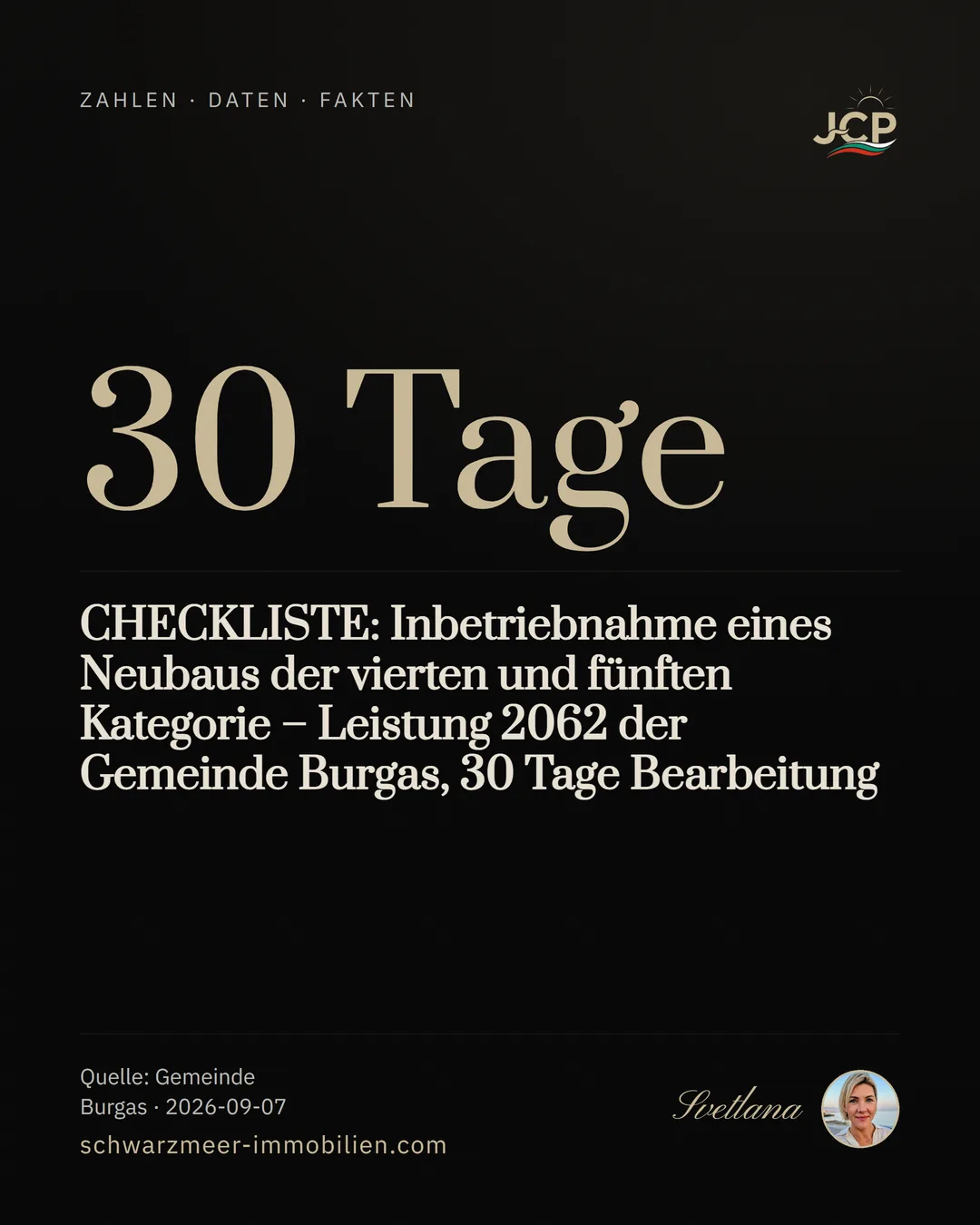 CHECKLISTE: Inbetriebnahme eines Neubaus der vierten und fünften Kategorie – Leistung 2062 der Gemeinde Burgas, 30 Tage Bearbeitung