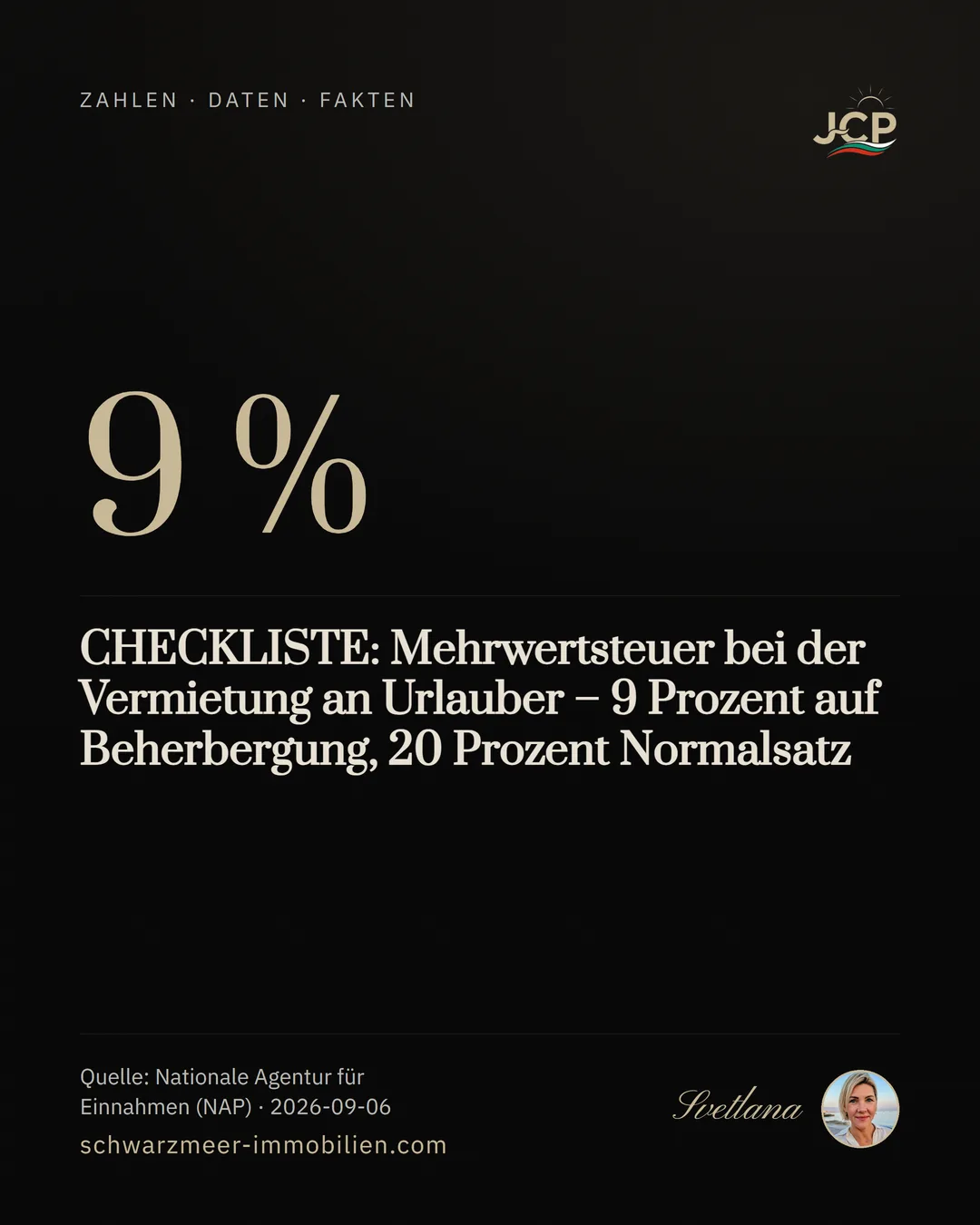 CHECKLISTE: Mehrwertsteuer bei der Vermietung an Urlauber – 9 Prozent auf Beherbergung, 20 Prozent Normalsatz
