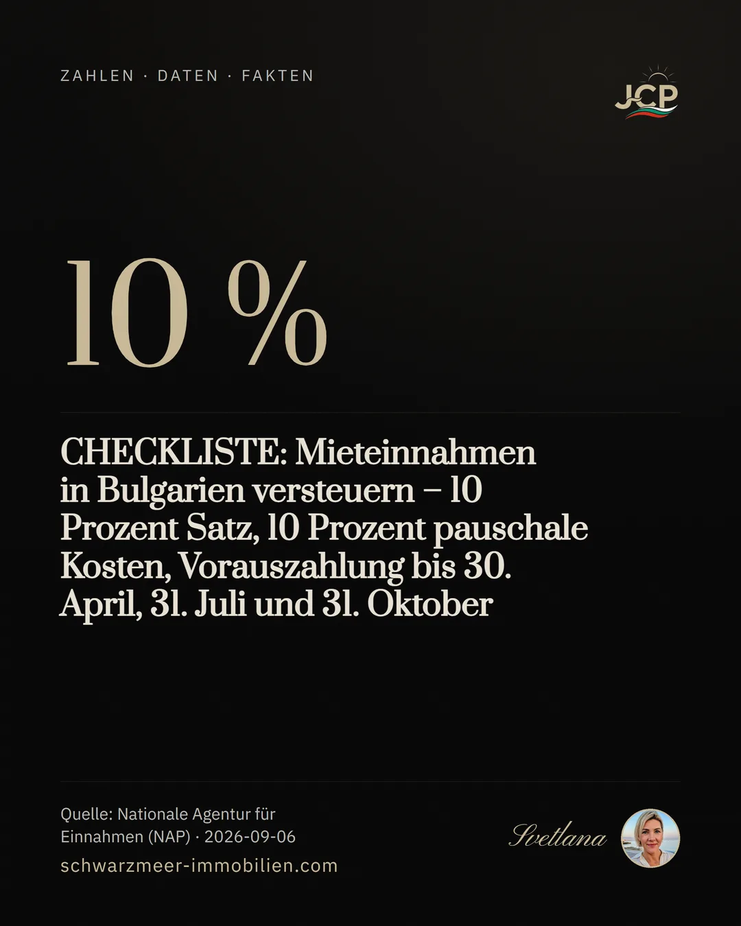 CHECKLISTE: Mieteinnahmen in Bulgarien versteuern – 10 Prozent Satz, 10 Prozent pauschale Kosten, Vorauszahlung bis 30. April, 31. Juli und 31. Oktober
