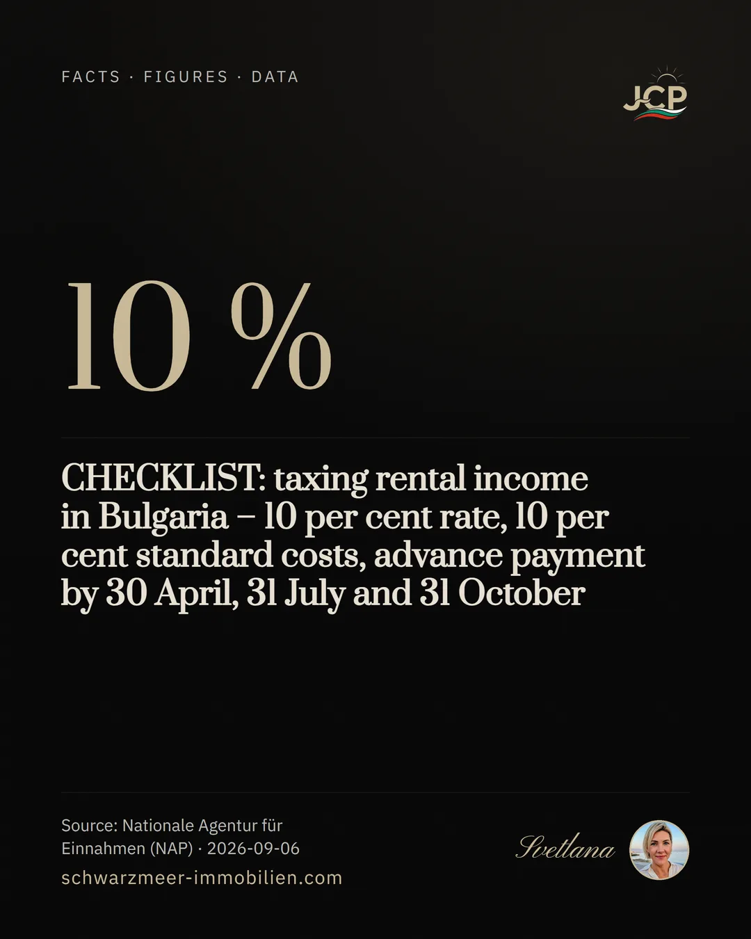CHECKLIST: taxing rental income in Bulgaria – 10 per cent rate, 10 per cent standard costs, advance payment by 30 April, 31 July and 31 October