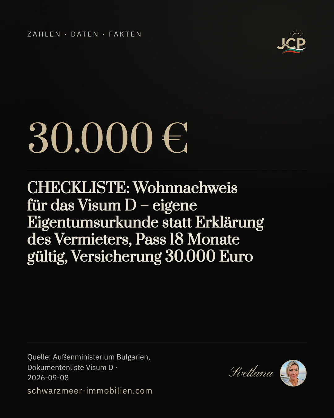 CHECKLISTE: Wohnnachweis für das Visum D – eigene Eigentumsurkunde statt Erklärung des Vermieters, Pass 18 Monate gültig, Versicherung 30.000 Euro