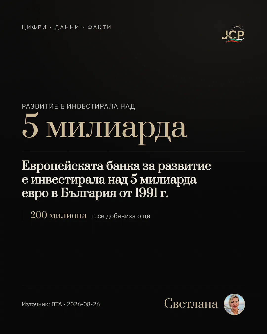 Европейската банка за развитие е инвестирала над 5 милиарда евро в България от 1991 г.