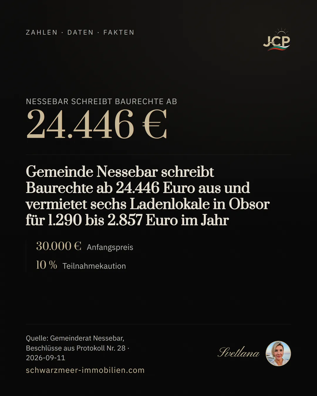 Gemeinde Nessebar schreibt Baurechte ab 24.446 Euro aus und vermietet sechs Ladenlokale in Obsor für 1.290 bis 2.857 Euro im Jahr