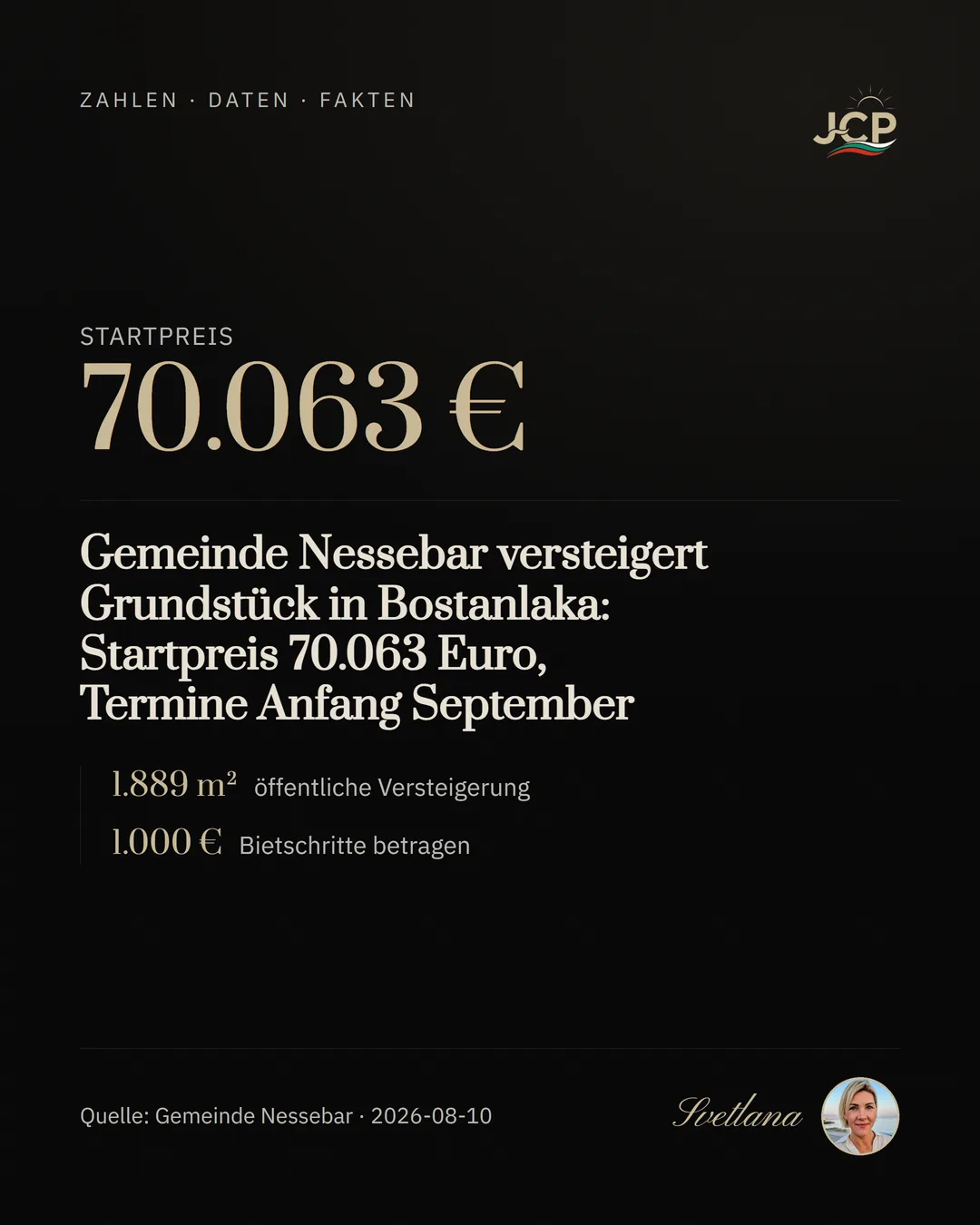 Gemeinde Nessebar versteigert Grundstück in Bostanlaka: Startpreis 70.063 Euro, Termine Anfang September