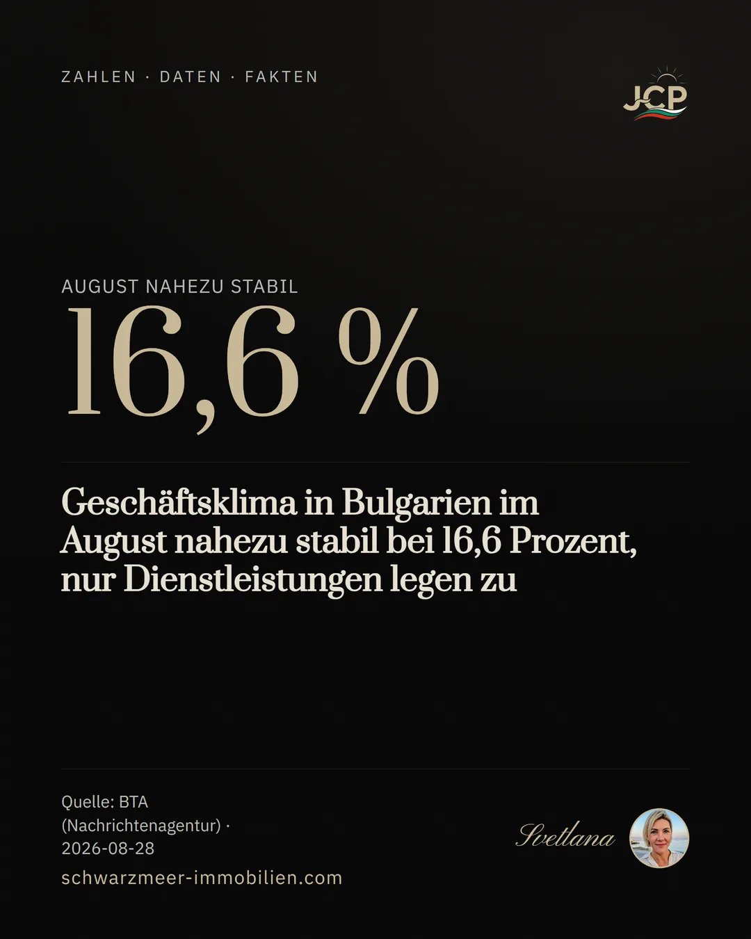 Geschäftsklima in Bulgarien im August nahezu stabil bei 16,6 Prozent, nur Dienstleistungen legen zu