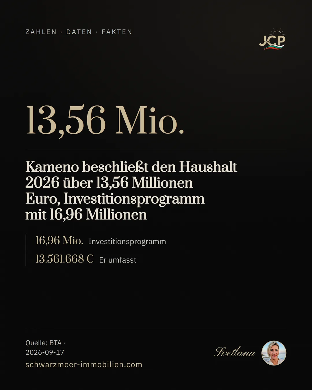 Kameno beschließt den Haushalt 2026 über 13,56 Millionen Euro, Investitionsprogramm mit 16,96 Millionen