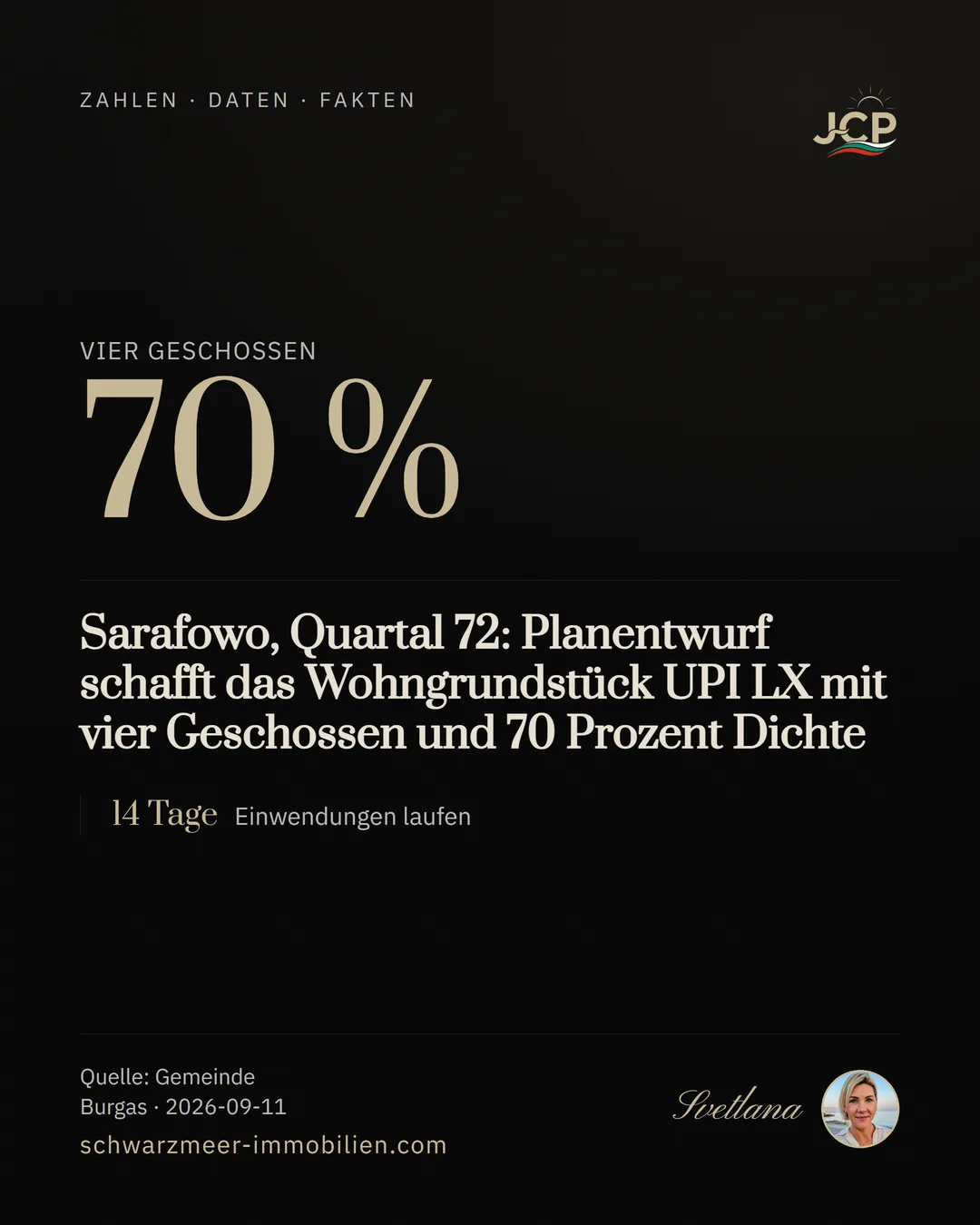 Sarafowo, Quartal 72: Planentwurf schafft das Wohngrundstück UPI LX mit vier Geschossen und 70 Prozent Dichte