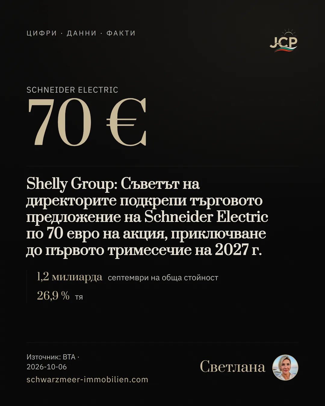 Shelly Group: Съветът на директорите подкрепи търговото предложение на Schneider Electric по 70 евро на акция, приключване до първото тримесечие на 2027 г.