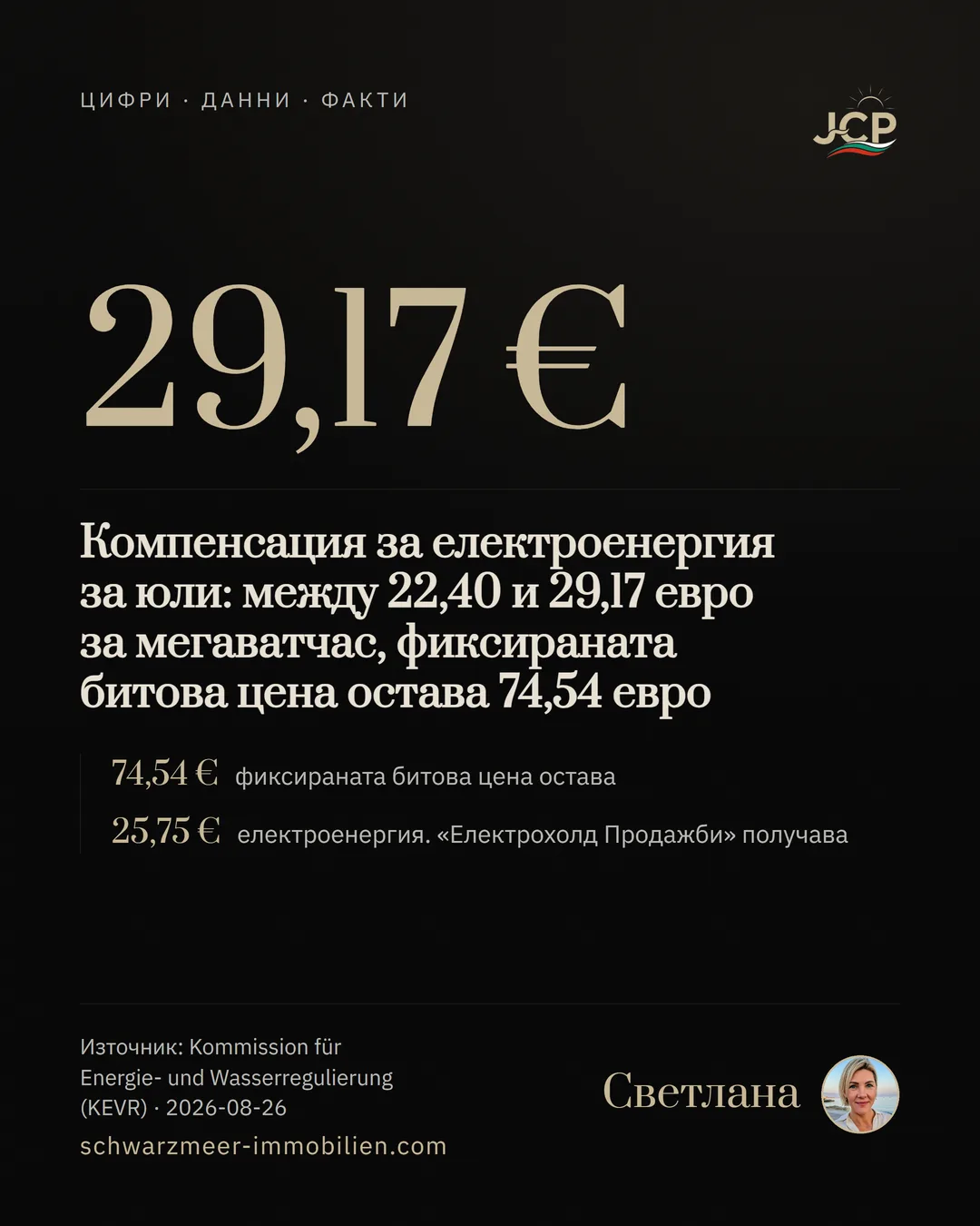 Компенсация за електроенергия за юли: между 22,40 и 29,17 евро за мегаватчас, фиксираната битова цена остава 74,54 евро
