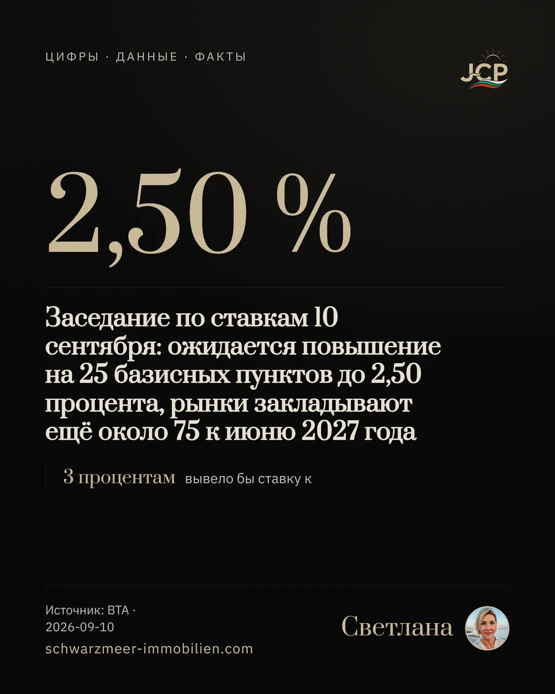 Заседание по ставкам 10 сентября: ожидается повышение на 25 базисных пунктов до 2,50 процента, рынки закладывают ещё около 75 к июню 2027 года